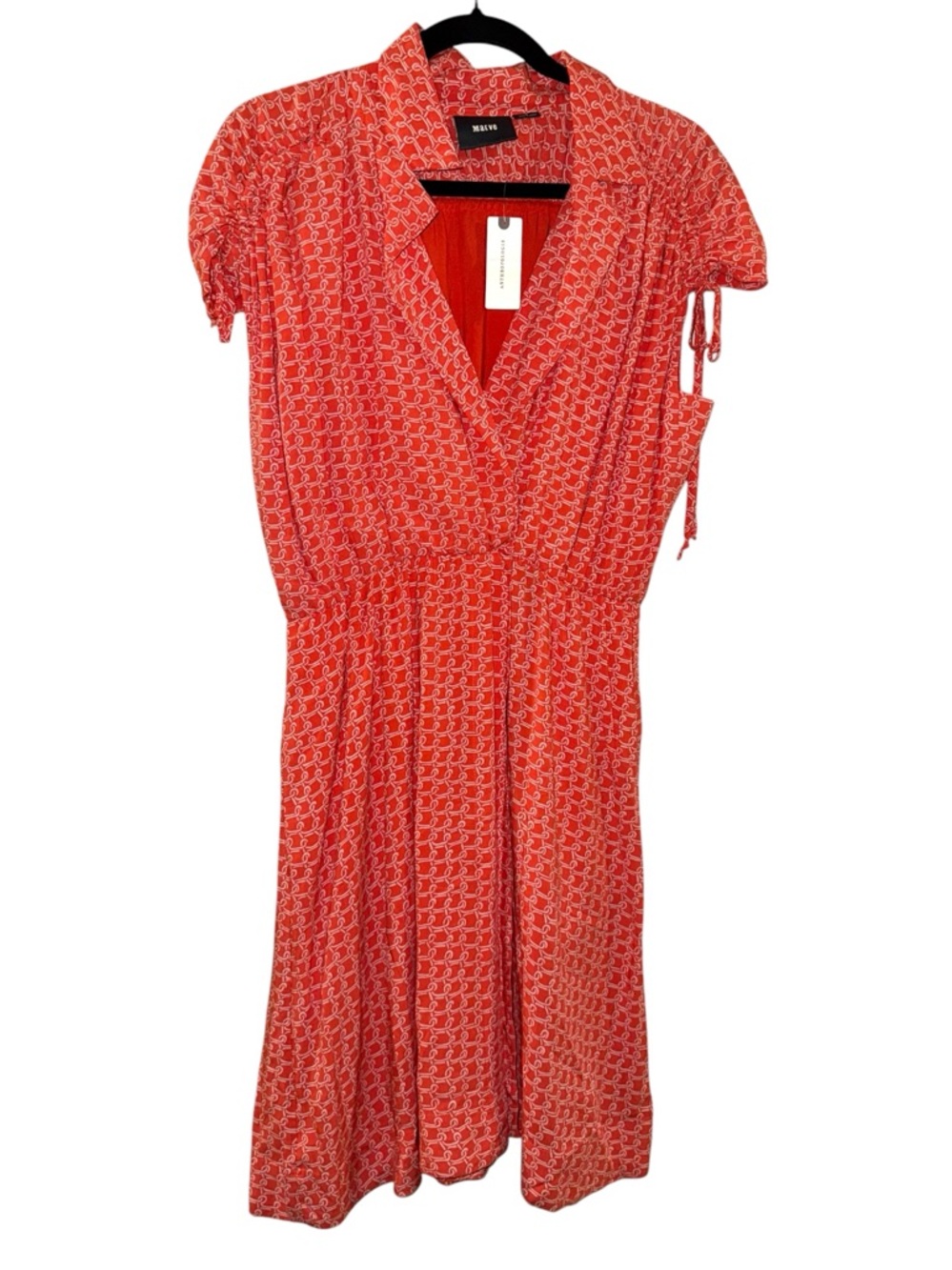 Anthropologie Maeve Coral Red Printed Wrap-Style Midi Dress w/ pockets!